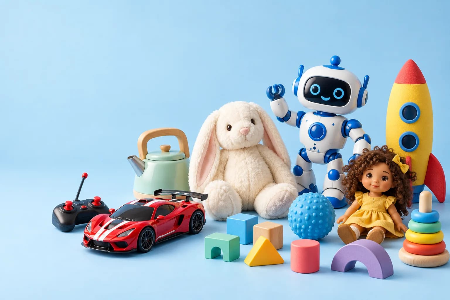 A diverse toy collection with a plush bunny, robot, remote control car, doll, and colorful play sets